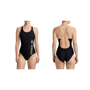 Speedo Womens12 One Piece Swimsuit Black Open Back Strappy Racing Athletic Swim